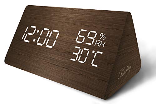 Digital Alarm Clock, LED Wood Clock with 3 Levels Adjustable Brightness Dimmer, Temperature and Humidity for Home Bedrooms Office Kids Teens