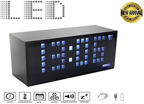 Small Digital LED Alarm Clock Large 1.5" Digits. 2-Display Mode Time 12/24 Day/Date Temperature(°C/°F) Sound-Activate &amp; USB Output Charger Port for iPhone. Power by 4xAA Battery/USB 5V DC (LED White)