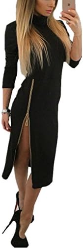 Doreen Womens Summer Autumn Turtleneck Long Sleeve Solid Color Side Split Party Pencil Bodycon Dress Black Size M