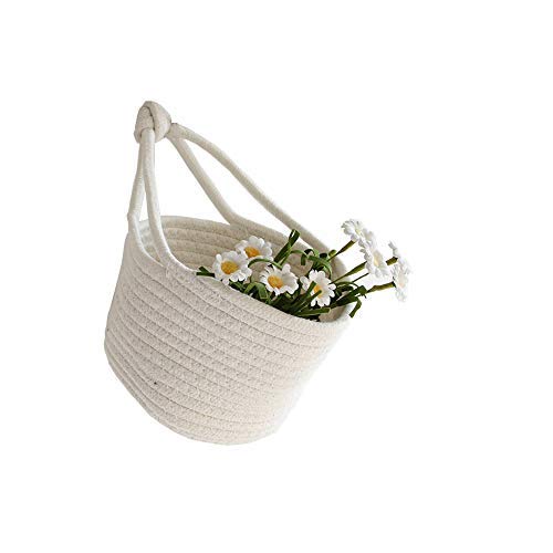 BQEE Personality Cotton Woven Fold Snacks Debris Sorting Storage Basket Hang Rope Woven Home Decor For Kids Room Decorative Perfect for Storing Small Household Items (White-M)