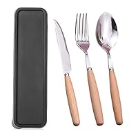 Portable Utensils Set with Case,Reusable Office Flatware Silverware Set,Healthy & Eco-Friendly 3pc Stainless Steel&Wood Full Size Fork, Spoon,Knife Cutlery Ideal for Travel, Lunch Box and Camping