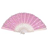 uxcell® Sequins Decor Flower Ribs Folding Hand Fan Pink White