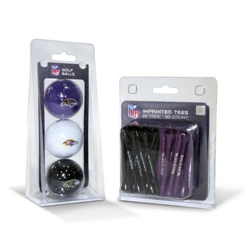 Team Golf NFL Baltimore Ravens 3 bolas de golfe e 50 camisetas de golfe impressas com logotipo (3 unidades) e camisetas de golfe reguladas de 6 cm (50 unidades), multicoloridas
