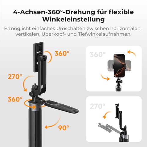 K&F Concept Selfie Stick 180 cm Self-Extending 4 Legs 360° Handle | 1/4" Gewinde inkl. Schraube, ohne Schnellverschluss-Halterung, kompatibel mit iPhone/Samsung/DJI Pocket/GoPro/Insta360, A702