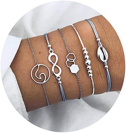 5pcs/Set Boho Wave Shell Lucky 8 Letter Bracelet Women Silver Beads Hexagon Geometric Molecule Bangle