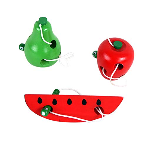 HsgbvictS Toys for All Ages Lovely Wooden Apple Pear Watermelon Worm Eat Fruit Baby Kids Threading Toy - Apple