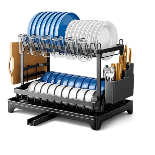 Escorredor de Louça Completo em Aço Carbono Organizador Escorredor de Pratos, Suporte para Talheres, Copos, Tábuas, Facas e Bandeja de Drenagem de Água Premium
