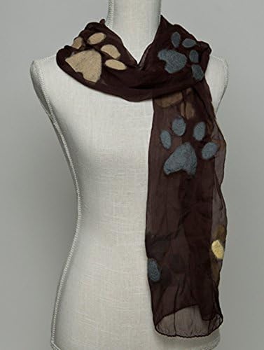 Paw Prints All Over Chiffon Scarf BROWN with Gray, Ivory, and Tan Large Felted Paws 18" X 72" ~ Perfect for Dog Lovers