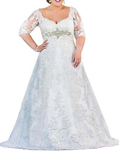Mulanbridal Women's V-Neck Plus Size Wedding Dresses For Bride Lace Applique Bridal Gowns White 28