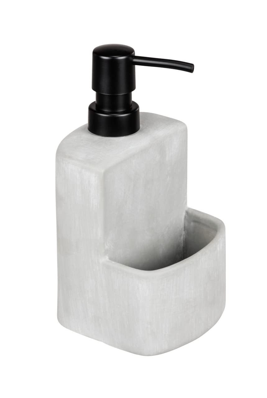 WENKO Festival washing-up liquid dispenser, refillable soap dispenser made of robust concrete in grey, compartment for the washing-up sponge perfect for the kitchen, 380 ml, 10 x 18 x 10 cm, concrete