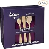 360 Piece Plastic Silverware Set - Disposable Gold Cutlery - 120 Heavyweight Forks, 120 Fancy Spoons, 120 Knives - Heavy Duty Bulk Flatware Party Utensils for Wedding, Easter, Birthday & All Occasions