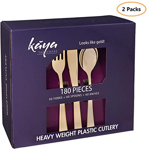 360 Piece Plastic Silverware Set - Disposable Gold Cutlery - 120 Heavyweight Forks, 120 Fancy Spoons, 120 Knives - Heavy Duty Bulk Flatware Party Utensils for Wedding, Easter, Birthday & All Occasions