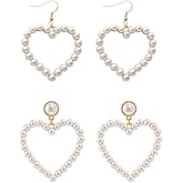2 Pairs Pearl Heart Earrings for Women Trendy Heart Pearl Hoop Earrings White Pearls Love Shaped Dangle Ear-rings Valentine's Day Jewelry Accessories for Her