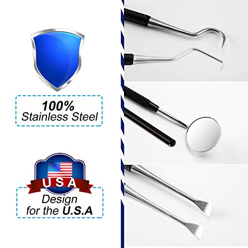 Dental Tools, 6 Pack Teech Cleaning Tools Set Stainless Steel Dental Scraper Tooth Pick Hygiene Set with Mouth Mirror, Tweezer Kit for Dentist, Family Oral Care, Dogs - with Leather Case - Thumbnail 2