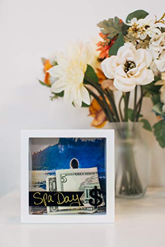 OVIE Adult Piggy Bank $ - Shadow Box with Wood Frame - Keep in Kitchen to Track Vacation/Honeymoon/Wedding/Adventure Funds - 6X6 Frames - Clear Glass/Picture Background/Colored Markers