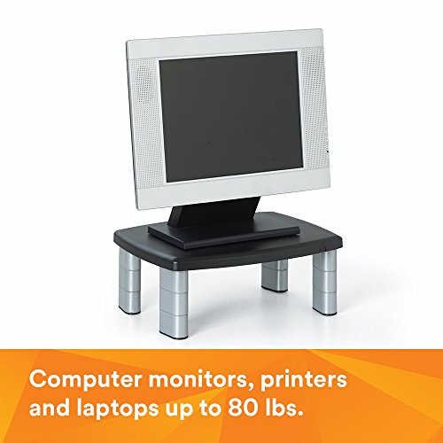 3M Adjustable Monitor Stand, Three Leg Segments Simply Adjust Height From 1" to 5 7/8", Sturdy Platform Holds Up to 80 lbs, 11-inch Space Between Columns for Storage, Silver/Black (MS80B)