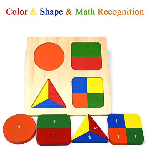 GYBBER&MUMU Wooden Math Fraction Teaching Geometric Blocks Sorting Game Preschool Colorful Shape Puzzle for 24 Months+