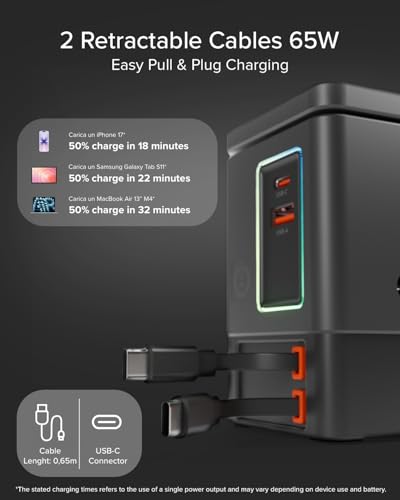 SBS Power Dock 6in1 100W USB-C, Wireless Charging 15W, Compatible with MagSafe, Power Delivery (PD 3.0 PPS), Charging Station with 2 Retractable Cables, Adapter for Laptop, iPhone, AirPods, Black | Power Delivery (PD 3.0 PPS) Charging Station with 2 Retractable Cables Adapter for Computer, iPhone, Black