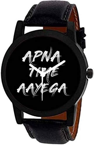 Cloudwood Analog APNA TIME AAYEGA Black Dial Leather Strap Watch for Men & Boys -W226