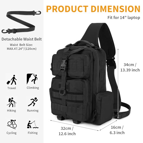 HUNTVP Men's Shoulder Bag Tactical Military Molle Bag Chest Bag Sling Bag Waterproof Crossbody Backpack for Hiking Trekking Travel Camping, Typ-3 Black