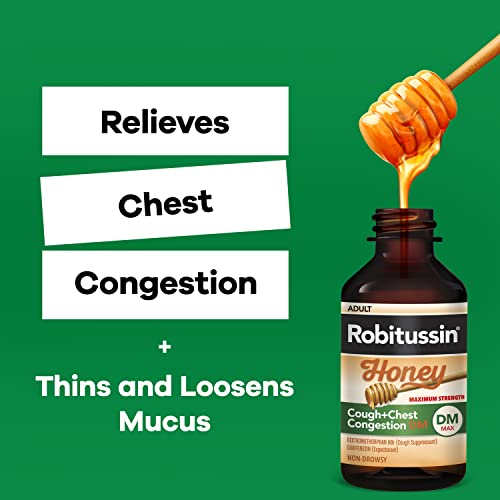 ROBITUSSIN MAXIMUM STRENGTH HONEY COUGH PLUS CHEST CONGESTION DM, COUGH MEDICINE FOR COUGH AND CHEST CONGESTION RELIEF MADE WITH REAL HONEY FOR FLAVOR – 8 FL OZ X 2