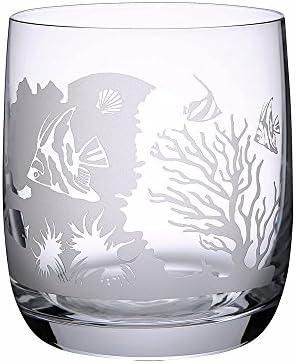 Crystal Whiskey Glass With Engraved Sea World Designs Set Of 2pcs With 2 Blue Coasters