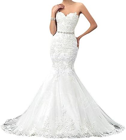 QueenDress Women's Sweetheart Mermaid Wedding Dresses Lace Long Bridal Gowns White US10 H001