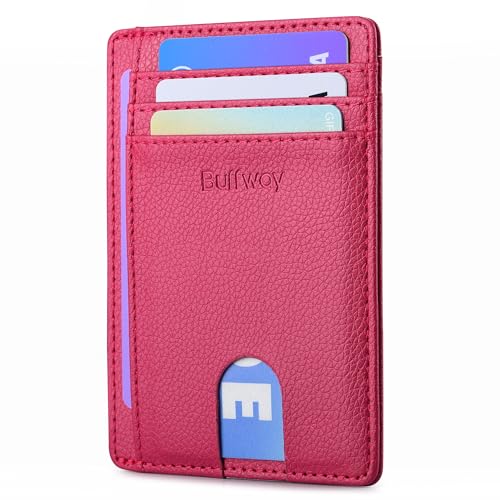 Buffway Slim Minimalist Front Pocket RFID Blocking Leather Wallets for Men and Women, Lichee Red, S, Minimalist