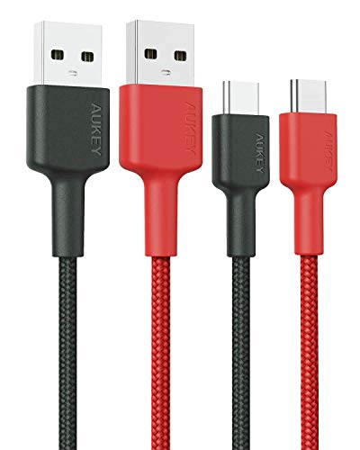 USB C Cable AUKEY (6.6ft x 2) USB Type C Cable Braided Nylon USB C to USB A Data Sync&nbsp;Fast Charging Cord for LG V50 V40 G8 G7 Thinq, Moto Z4 Z3, iPad Pro 2018, GoPro - Black and Red