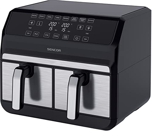 Sencor Luftfritteuse Air Fryer, Doppelfachfach, Luftzirkulationstechnologie, hohe Geschwindigkeit, berührbare Steuerung, bereit in 3 Minuten, 1700 W, Gesamtkapazität 8 l, Farbe Silber