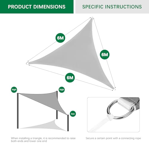 Awning, Waterproof, UV Block Sun Protection Canopy, Triangular, 6 x 6 x 6 m, Outdoor Sand Permeable Sun Protection Patio Canopy, with UV Protection for Balcony, Garden, Patio, Grey