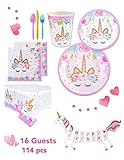 Unicorn Party Birthday Supplies Kit High Quality Serves 16 Guests, includes a Table Cover, a Unicorn Banner, Cute Cups, Colorful Cutlery, 2-set Plates. Perfect to Host a Special Party for Your Girl