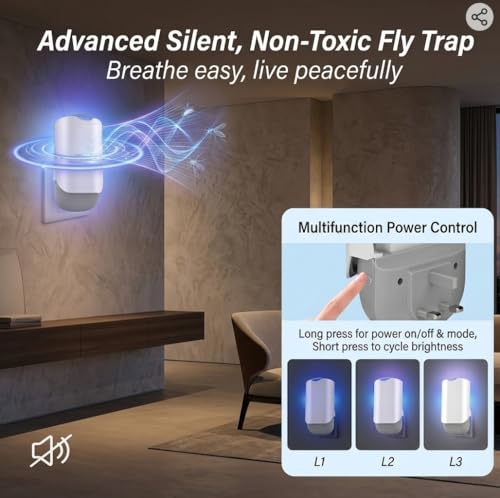 Plug-in Flying Insect Trap for Indoors, UV Light Fruit Fly Trap with Night Light, Sticky Glue Cards for Flies, Moths and Mosquitoes, (with 6Pcs Adhesive Cards) (2)