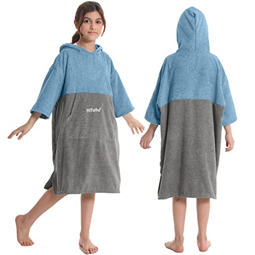 Hiturbo Kids Changing Towel Hoodie: Absorbent Quick Dry Surf Poncho, 3/4 Sleeve Microfiber Bath Towels for Beach Pool (Blue/Gray)