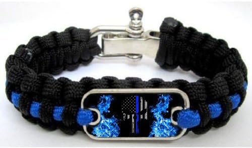 Police Lives Matter Thin Blue Line Punisher Flag Flames Paracord Survival Bracelet (7.5")