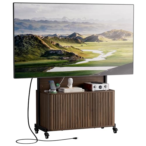 Planimetry Rolling TV Stand with Mount for 32-75 Inch TVs, Height Adjustable Mobile TV Stand with Lockable Wheels, Fluted Cabinet Entertainment Center with Power Outlet & Storage, Walnut