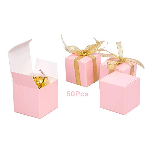 Candy Boxes Pink Small Gift Boxes 2x2x2 inch with Ribbon,50pcs,Square Paper Treat Boxes Party Favor Boxes for Wedding,Bridal Shower,Birthday,Baby Shower,Anniversary,Holiday Celebration Party Supplies