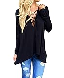 MIXMAX Women Lace Up Irregular V Neck Hooded Pollover Long Sleeve Blouse Shirt Tops (Small, Black)
