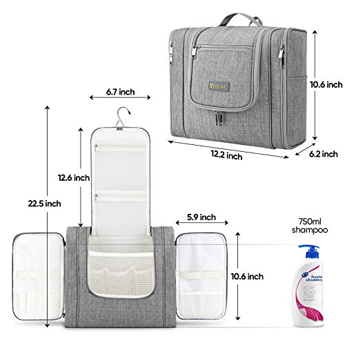 BALEINE Large Toiletry Bag for Women and Men, Water-Resistance Cosmetic Bags for Toiletries with Hanging Hook, Makeup Organizer for Travelling (Gray) 5 BALEINE Large Toiletry Bag for Women and Men, Water-Resistance Cosmetic Bags for Toiletries with Hanging Hook, Makeup Organizer for Travelling (Gray)