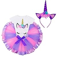 LYLKD Little Girls Unicorn Outfit Dress,Layered Rainbow Tutu Skirt,Unicorn T-Shirt and Unicorn Horn Headband. (Light Purple, XXL,6-7 Years)