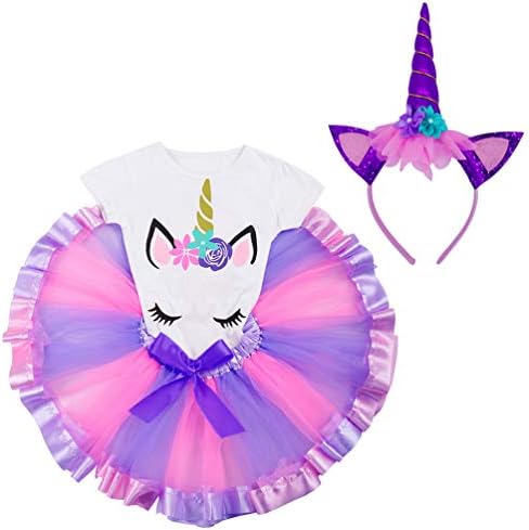 LYLKD Little Girls Unicorn Outfit Dress,Layered Rainbow Tutu Skirt,Unicorn T-Shirt and Unicorn Horn Headband.