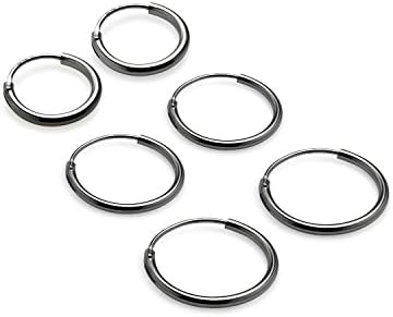 River Island Jewelry - 3 Pair Set Black Rhodium Flashed Sterling Silver Endless Hoop Earrings for Cartilage, Nose or Lips, 10mm 12mm 14mm