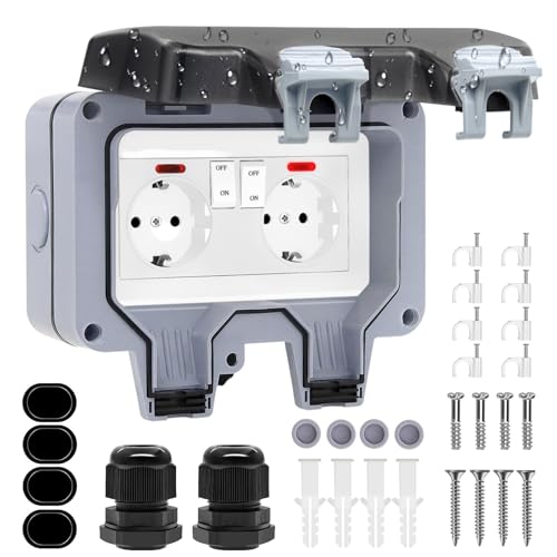 Outdoor Socket IP66 Waterproof Socket with Switch Indicator Light, Wall Socket Wet Room Surface-Mounted Protective Contact Garden Socket Dustproof Weatherproof Outdoor Socket with Hinged Lid