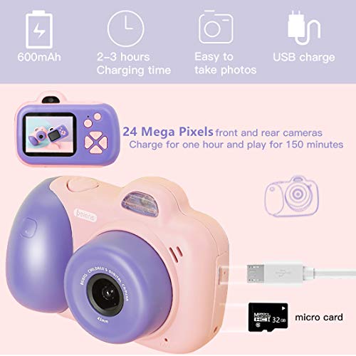 beiens Digital Video Camera for Kids, 24MP Selfie Dual Cameras, 32G SD Card, 1080P 2.0 inch HD IPS Screen, USB Charge, Best Birthday Gifts Kids Camera Toys for Girls and Boys (Pink) - Thumbnail 2