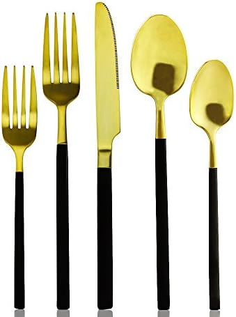 EALEK 5 Piece Flatware Set,Stainless Steel Mirror Flatware Silverware Sets Fork Spoon Knife Dining Set Dishwasher Safe Cutlery Tableware Set Serve for 1 (Gold)