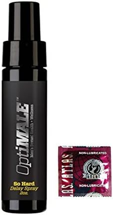 Doc Johnson Optimale So Hard Male Desensitizing Prolonging and Delay Spray Men's Sexual Health Wellness 2 Oz + 12 Count Atlas Non-Lubricated Latex Condoms