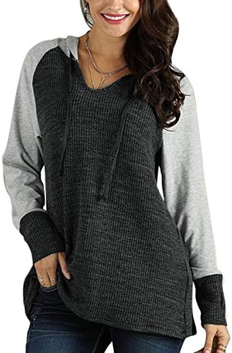 Women's Hooded Sweatshirt Color Block V Neck Long Sleeve Hoodies with Thumb Hole