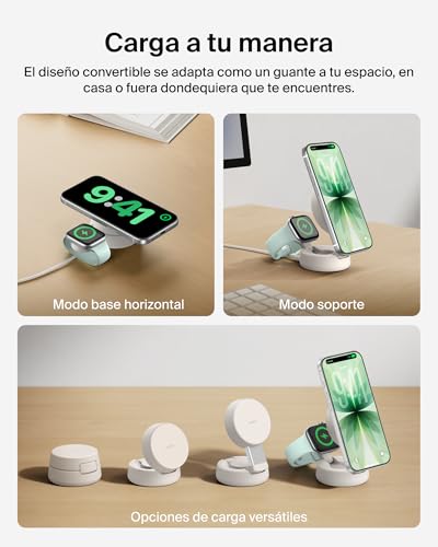 UltraCharge Cargador Inalámbrico iPhone 2 En 1 MagSafe, Cargador Inalámbrico Magnético Convertible, Qi2 25 W, iPhone 17, Apple Watch Series 10 y Pixelsnap, Fuente De Alimentación 45 W, Beis