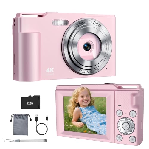 Krlun Digital Camera, FHD 4K Digital Point and Shoot Camera with 16X Zoom Anti Shake, 48MP Compact Small Camera with 32GB Card for Boys Girls Kids