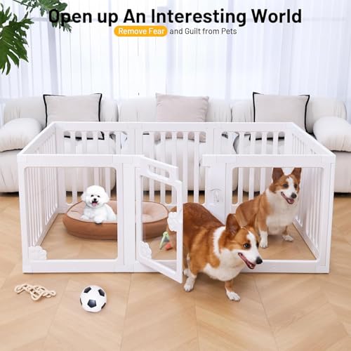 KAPEICamper Dog Playpen, Clear Acrylic Pet Puppy Enclosure Cat Rabbit Play Pen, Easy Assemble Foldable Crate Whelping Box for Medium Dogs with Gate (White, L, 10 Panels)